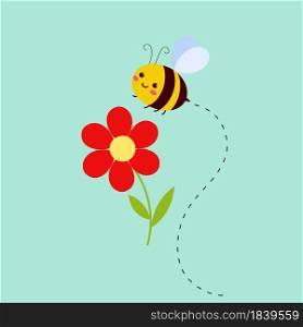 Flying Bee with Red Flower in Cartoon Style. Vector Honeybee Character with Smile. Summer wallpaper.. Flying Bee with Red Flower in Cartoon Style. Honeybee Character with Smile. Summer wallpaper. . Vector Illustration.