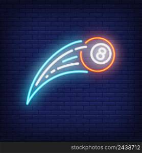 Flying billiard ball neon sign. Glowing ball with track way. Night bright advertisement. Vector illustration in neon style for sport and snooker