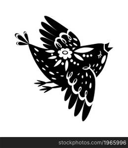 Flying bird from fairy tail, animal cartoon. Vector bird black sketch drawing, fairy art design nature, flying tattoo illustration. Flying bird from fairy tail, animal cartoon