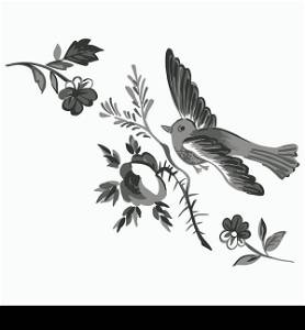 Flying bird with branch of a rose isolated on white, diagonal element design for greeting card, celebrate gift, invitation message. Doodles illustration retro vector. Black, gray and white color
