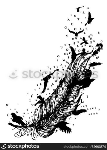 Flying birds and feather and letters silhouette, tattoo design in black and white.
