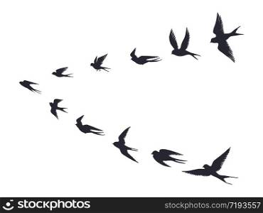 Flying birds flock silhouette. Swallows, sea gull or marine birds isolated on white background. Vector bird icon set flock flying in sky. Flying birds flock silhouette. Swallows, sea gull or marine birds isolated on white background. Vector bird icon set