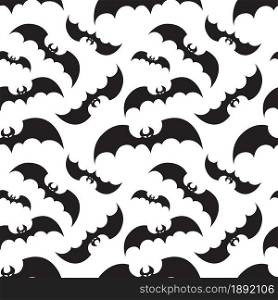 Flying black bats on white background for Halloween greetings. Seamless pattern. Vector illustration.