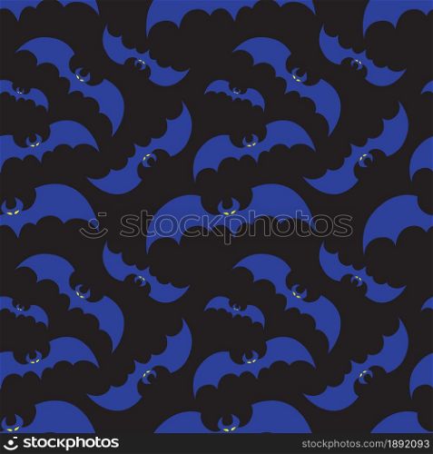 Flying blue bats on black background for Halloween greetings. Seamless pattern. Vector illustration.
