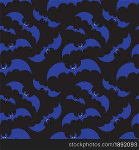 Flying blue bats on black background for Halloween greetings. Seamless pattern. Vector illustration.