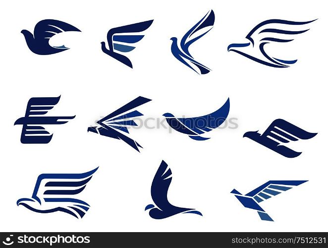 Flying blue birds as eagle, hawk, falcon and dove in flight. For business, delivery, transportation or travel design. Abstract fast flying blue birds