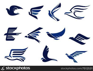 Flying blue birds as eagle, hawk, falcon and dove in flight. For business, delivery, transportation or travel design. Abstract fast flying blue birds