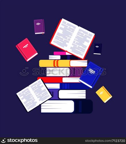 Flying books. Book pile library, literature and readers. Scholarship and intellectual reading education vector concept. Illustration of pile book for study, stack textbook. Flying books. Book pile library, literature and readers. Scholarship and intellectual reading education vector concept