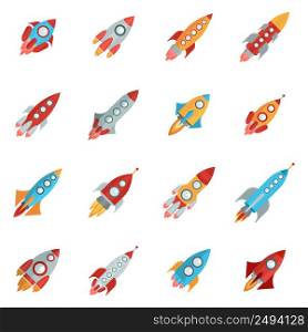 Flying bright space rocket icons set with launch and fire flat isolated vector illustration . Rocket Icons Set