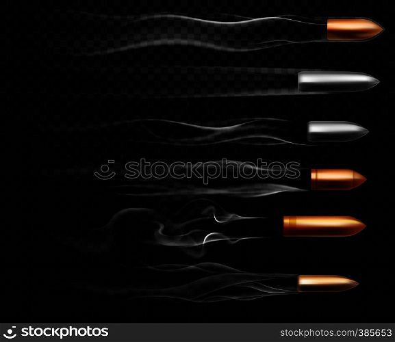 Flying bullet traces. Shooting military bullets smoke trace, handgun shoot trails and realistic shoot trail. Gunshots, bullet in motion, military smoke trails. 3D vector isolated sign illustration set. Flying bullet traces. Shooting military bullets smoke trace, handgun shoot trails and realistic shoot trail vector illustration set