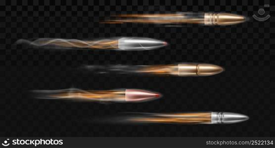 Flying bullet with smoke trace and fire, realistic vector isolated on transparent background, Shot trail in motion, set of firearm projectiles, military ammo illustration.. Flying bullet with smoke trace and fire