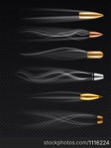 Flying bullets. Realistic different fired bullet in motion with smoke traces, gunshots firearm shooting metall bullets, isolated vector firing weapons set. Flying bullets. Realistic different fired bullet in motion with smoke traces, gunshots firearm shooting metall bullets, isolated vector set