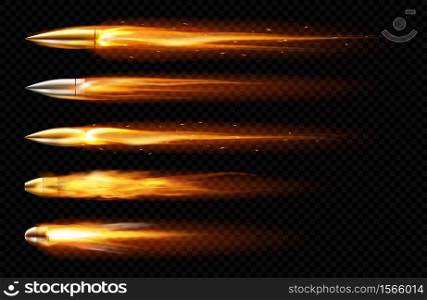Flying bullets with fire and smoke traces. Vector realistic set of fired bullets different calibers fired from weapon, gun or pistol with smoke trail isolated on transparent background. Flying bullets with fire and smoke traces