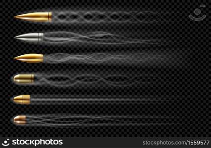 Flying bullets with smoke traces from gun shot. Vector realistic set of bullets different calibers fired from weapon, revolver or pistol with smoke trail isolated on transparent background. Flying bullets with smoke traces from gun shot