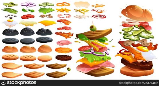 Flying burger and sandwich and ingredients. Fastfood constructor with buns, bread toasts, cheese, vegetable slices, patty and sauces. Vector cartoon set of tomato, bacon, salad, onion, ketchup, egg. Flying burger and sandwich and ingredients