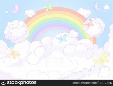 Flying butterflies against the backdrop of the beautiful sky with rainbow