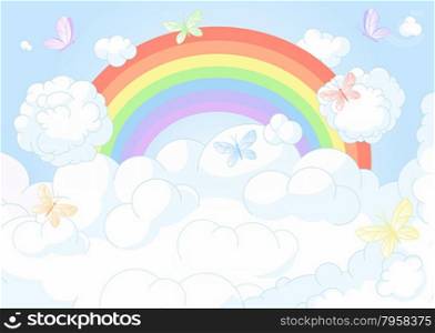 Flying butterflies against the backdrop of the beautiful sky with rainbow