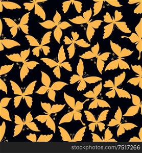 Flying butterflies romantic pattern. For fabric print or scrapbook page backdrop design with seamless yellow silhouettes of butterflies with gentle wings and curly antennae over blue background. Romantic seamless pattern of flying butterflies
