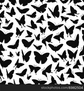 Flying butterflies silhouettes seamless pattern. Monochrome background seamless illustration vector. Flying butterflies silhouettes seamless pattern
