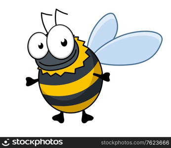 Flying cartoon bumble bee or hornet with colorful black and yellow stripes and a happy smile, isolated on white
