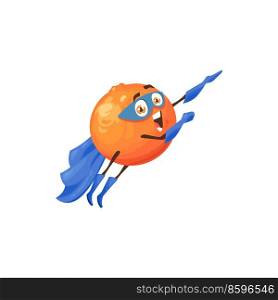 Flying cartoon orange fruit, superhero character, vector food. Orange fruit in super hero blue costume and mask flying with energy power, organic natural food and vitamins superpower. Flying cartoon orange fruit, superhero character