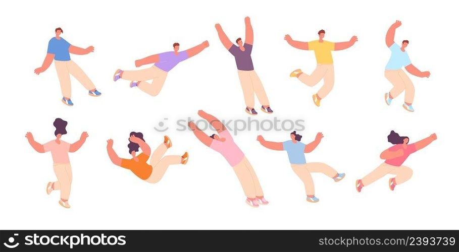 Flying characters. Floating or falling people, free acting person. Man fly experience, isolated joyed woman in air. Explore dream or freedom vector set. Illustration of character falling and flying. Flying characters. Floating or falling people, free acting person. Man fly experience, isolated joyed woman in air. Explore dream or freedom utter vector set