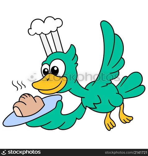 flying chef duck brings bread food