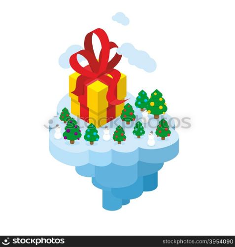 Flying Christmas Island. Gift and Christmas tree for fantastic earth. Part of land flies in air. Snowman and big box gift. New year illustration.