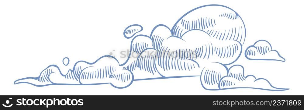Flying cloud icon. Windy sky sketch drawing isolated on white background. Flying cloud icon. Windy sky sketch drawing
