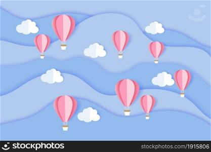 Flying colorful balloons among the clouds and sky.Vector travel origami paper cut background.