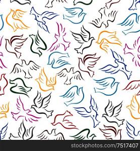 Flying colorful birds seamless pattern on white background with bright sketches of doves or pigeons in flight with raised and outstretched wings. Use as peace and religion themes design. Flying colorful doves seamless background pattern