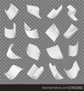 Flying curl papers. Realistic blank office pages, twisted white notebook sheets, different curve cards, empty various scattered documents, isolated bent objects, vector set on transparent background. Flying curl papers. Realistic blank office pages, twisted white notebook sheets, different curve cards, empty various scattered documents, isolated bent objects, vector set
