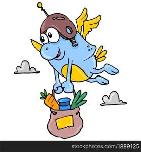 flying cute creatures carrying groceries. cartoon illustration sticker emoticon