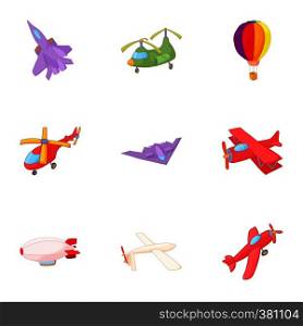 Flying device icons set. Cartoon illustration of 9 flying device vector icons for web. Flying device icons set, cartoon style