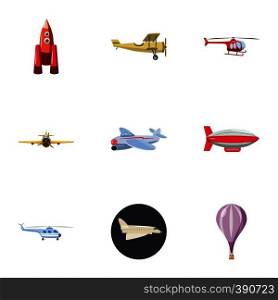 Flying device icons set. Cartoon illustration of 9 flying device vector icons for web. Flying device icons set, cartoon style
