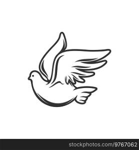 Flying dove isolated symbol of love and peace. Vector monochrome holy bird, pigeon feathered animal. Dove holy bird isolated religious holy pigeon bird