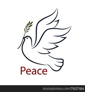 Flying dove with olive branch as a abstract symbol of peace and unity. Isolated on white background, for religion or freedom concept design. Dove of peace with olive branch