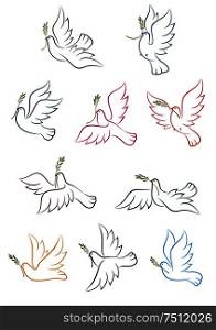 Flying doves with green olive tree branches isolated on white background. Peace conceptual icons, for religion or freedom design. Flying doves with olive branch