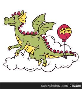 Flying dragon with balloon. Isolated objects on white background. Vector illustration.