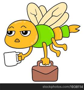 flying dragonfly with a sleepy face going to work with a briefcase