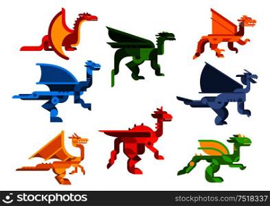 Flying dragons cartoon flat reptiles with membranous wings and spiny crest on head and neck. Nature, history, t-shirt or child book design. Cartoon flying dragons flat icons