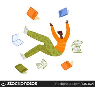 Flying dreaming adult man with books, study or literature fan concept, cute boy or student flys in dynamic pose - isolated on white. flat male cartoon textured character - vector illustration. Literature fans people with books