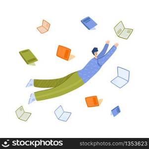 Flying dreaming adult man with books, study or literature fan concept, cute boy or student flys in dynamic pose - isolated on white. flat male cartoon textured character - vector illustration. Literature fans people with books