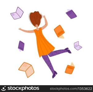 Flying dreaming girl with books, study or literature fan concept, cute woman in dynamic pose flys - isolated on white. flat female cartoon textured character - vector illustration. Literature fans people with books