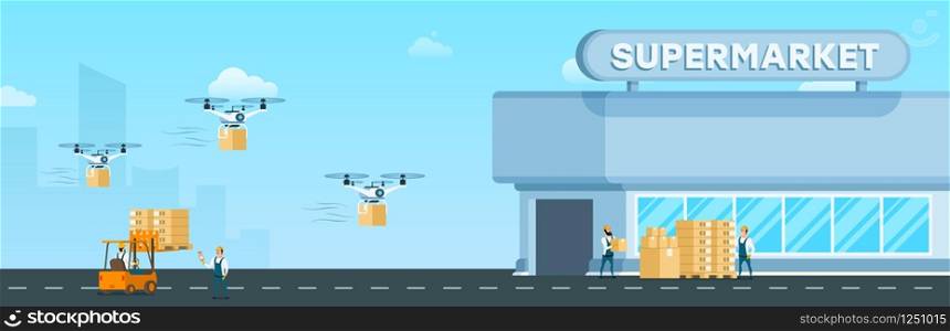 Flying Drone Air Fast Delivery to Supermarket. Delivering Goods and Box to Modern Glass City Mall. Warehouse Automatic Freight Distribution Service. Flat Cartoon Vector Illustration. Flying Drone Air Fast Delivery to Supermarket