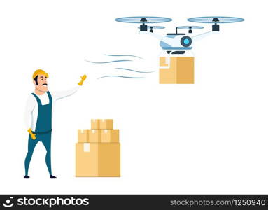 Flying Drone Delivery from Storage or Warehouse. Male Character Smiling Warehouse Worker in Overall Uniform and Hard Hat Standing near Cardboard Box. Air Delivery. Cartoon Vector Illustration. Flying Drone Delivery from Storage or Warehouse