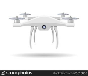Flying Drone Vector Illustration in Flat Design. Flying drones vector illustration. Flat design. Drone with four propellers and mounted camera. Modern technology. Unmanned aerial vehicle. For store ad, spy concepts, app icons. On white background