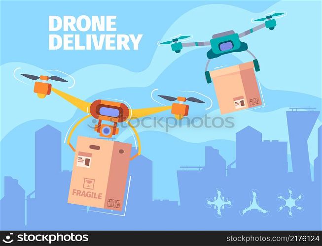Flying drones. Aircraft helicopter remote control systems in sky above city smart for delivery service vector cartoon background. Aircraft drone, copter and helicopter to delivery illustration. Flying drones. Aircraft helicopter remote control systems in sky above city smart technologies for delivery service garish vector cartoon background