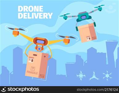 Flying drones. Aircraft helicopter remote control systems in sky above city smart for delivery service vector cartoon background. Aircraft drone, copter and helicopter to delivery illustration. Flying drones. Aircraft helicopter remote control systems in sky above city smart technologies for delivery service garish vector cartoon background