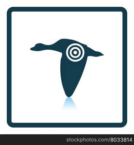 Flying duck silhouette with target icon. Shadow reflection design. Vector illustration.